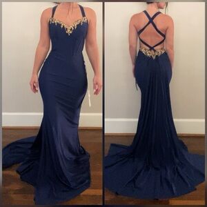 Navy blue corset prom dress, formal dress, military ball bridesmaid evening gown